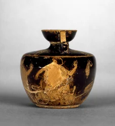 Aryballos a figure rosse attiche decorato con ragazzi che giocano con un carro, c.490 a.C.